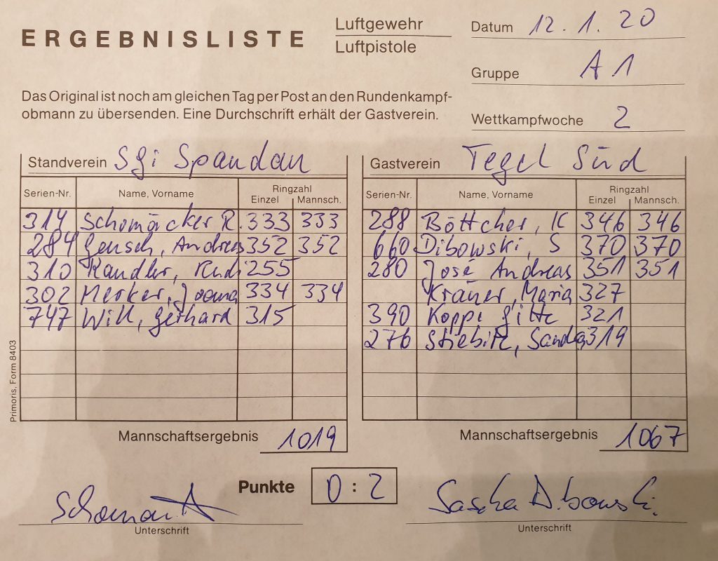 Ergebnisse vom Rundenkampf zwischen der Schützengilde zu Spandau und der Schützengilde Tegel-Süd e.V. in der Staffel A1